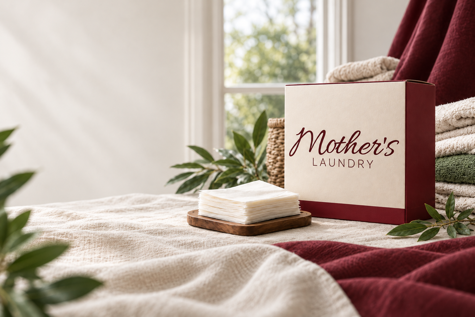 Mother’s Laundry sheets on a sunlit table beside folded towels and olive leaves